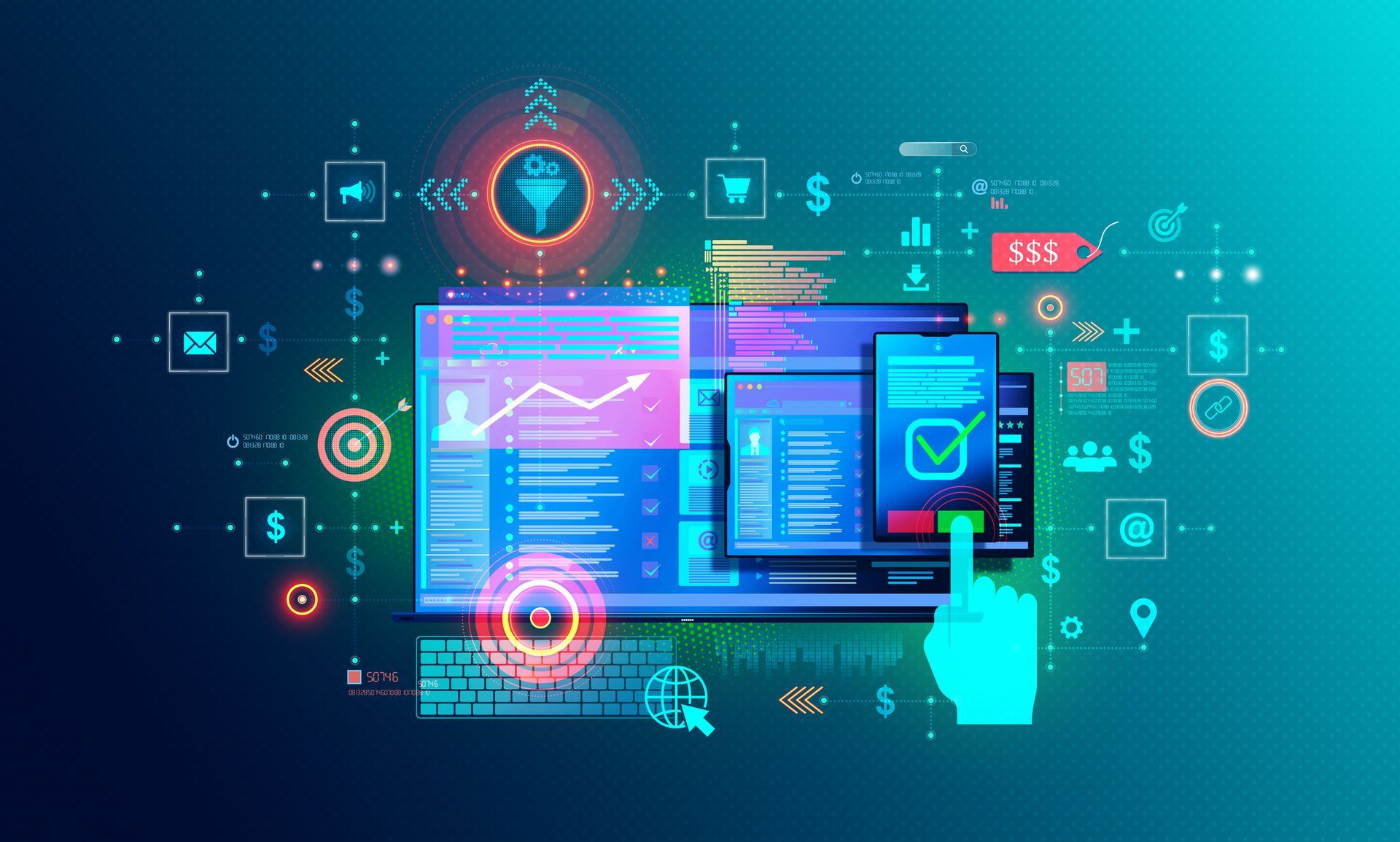 A computer monitor is surrounded by a bunch of icons on a blue background.