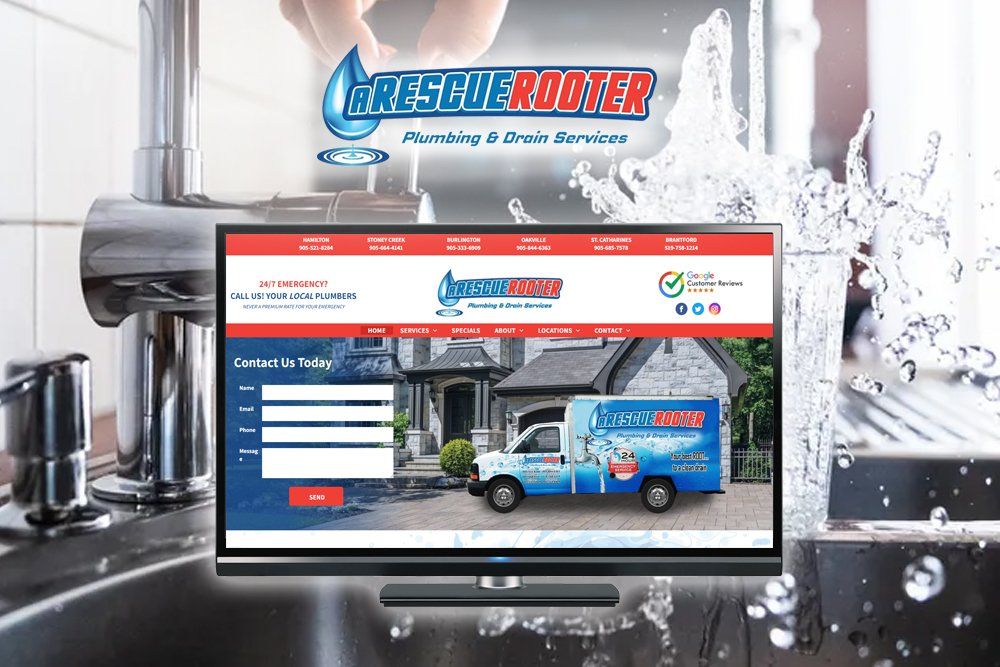 A plumbing company website is displayed on a flat screen tv