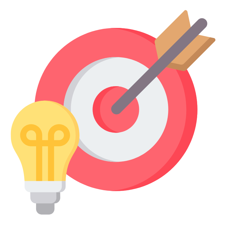 Light bulb and arrow hitting a red target, symbolizing ideas and goal achievement