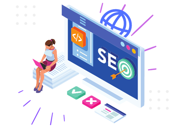 A woman is sitting in front of a computer screen with the word seo on it.