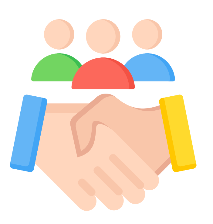 Three people icons above a handshake, symbolizing teamwork and partnership