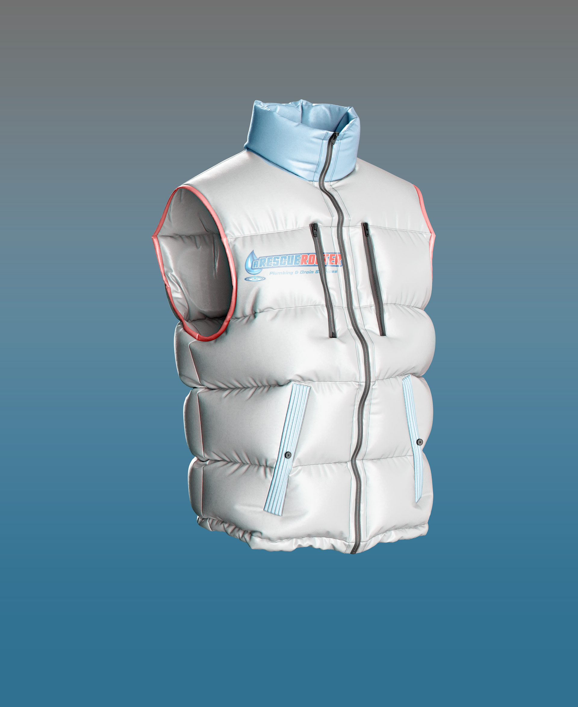 Light gray puffer vest with blue hood and black drawstrings on a blue gradient background