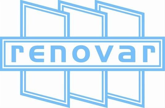 Blauw-wit Renovars-logo met schuine vierkanten en tekst.