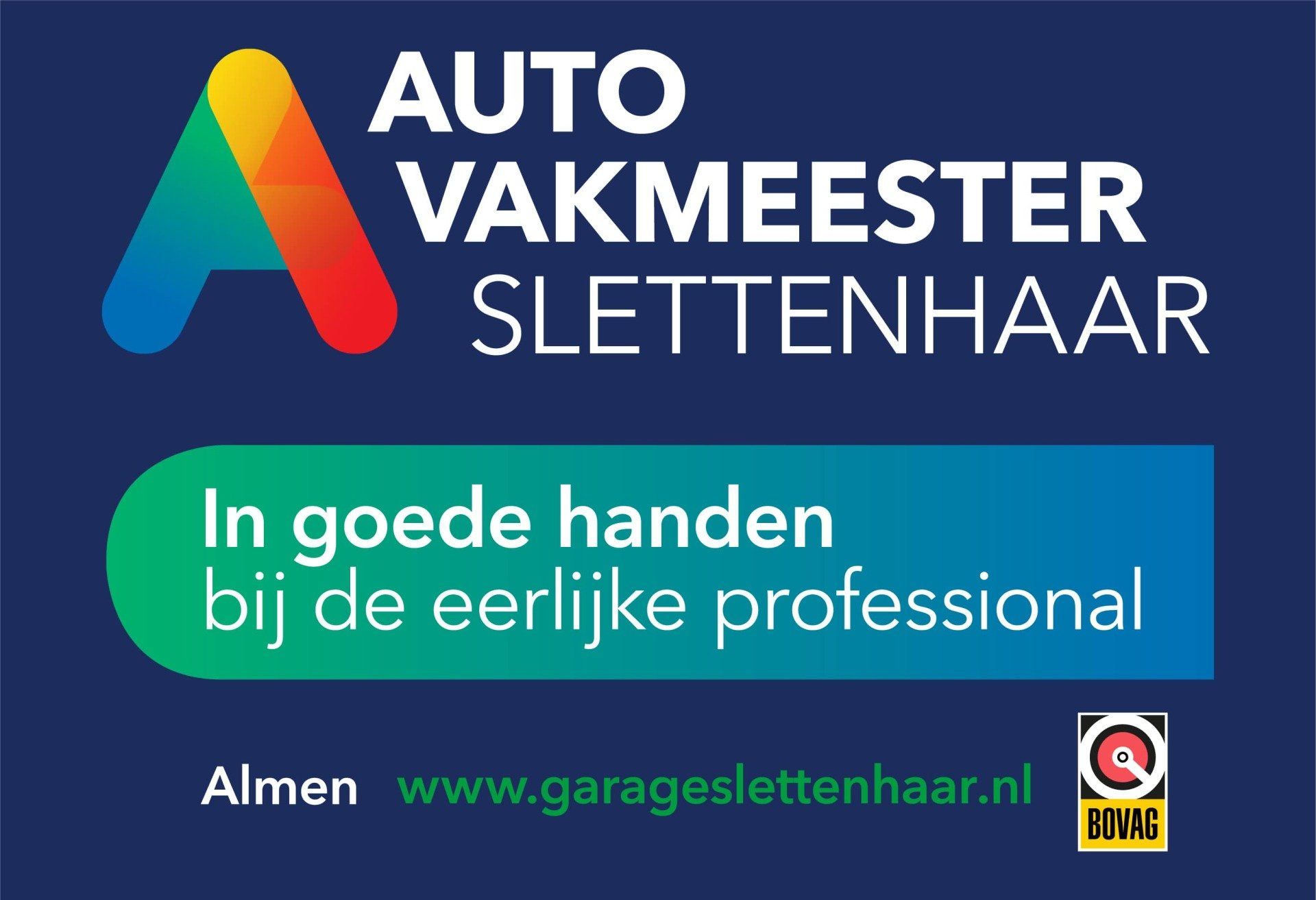 Logo voor Auto Vakmeester Slettenhaar, een autogarage in Almen. Het logo bestaat uit een kleurrijke A en de slogan 