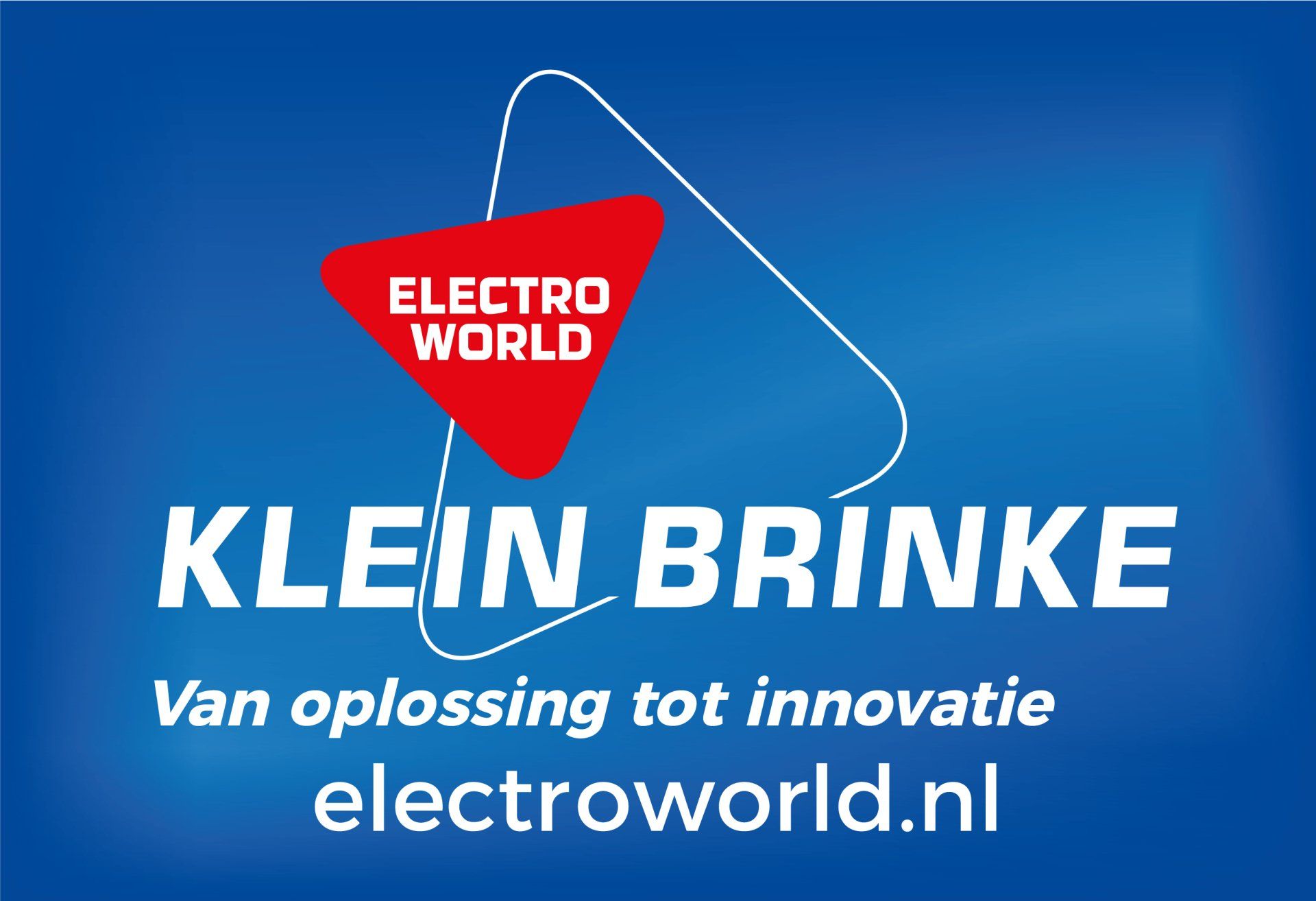 Logo voor Electro World, met een rode driehoek en witte tekst tegen een blauwe kleurverloopachtergrond, met de bedrijfsnaam 
