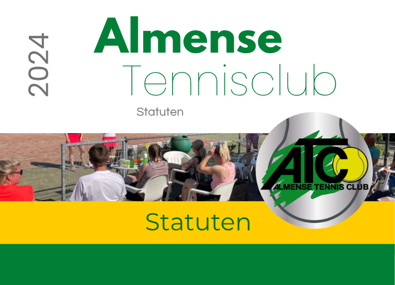 Lees hier de statuten van ATC Omslag van de statuten van de tennisclub van Almen met een tennisser op een baan, een tennisballogo en het jaartal 2024.