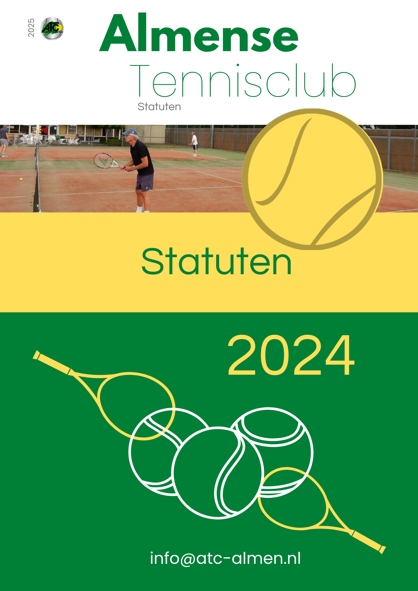 Omslag van de statuten van de tennisclub van Almen met een tennisser op een baan, een tennisballogo en het jaartal 2024.