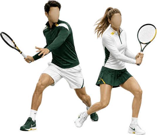 Cartoonfiguur die tennis speelt, bal in de lucht, racket op de grond met tennisbal.