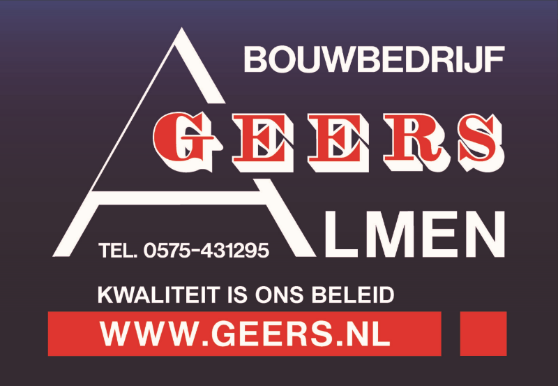 Logo voor Bouwbedrijf Geers Almen: A-vormig kader, rood/witte tekst, donkere achtergrond, telefoonnummer, websiteadres.