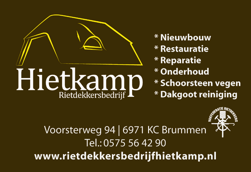 Logo voor Hietkamp, ​​een rietdekkersbedrijf. Donkerbruine achtergrond, gele tekening van een rieten dak, tekst in wit.