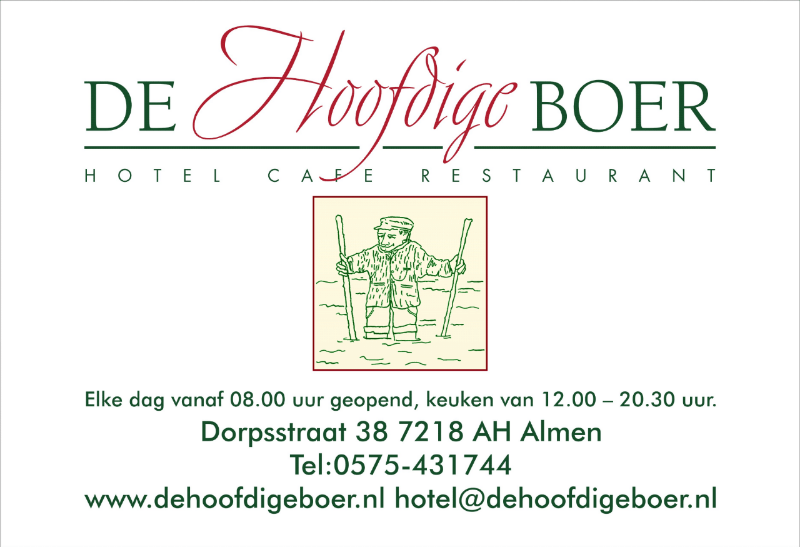 Logo of De Hoofdige Boer, a hotel, café, and restaurant in Almen, Netherlands, with contact info.
