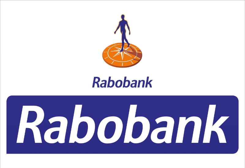 Rabobank-logo: silhouetfiguur op een oranje kompas, boven de tekst 