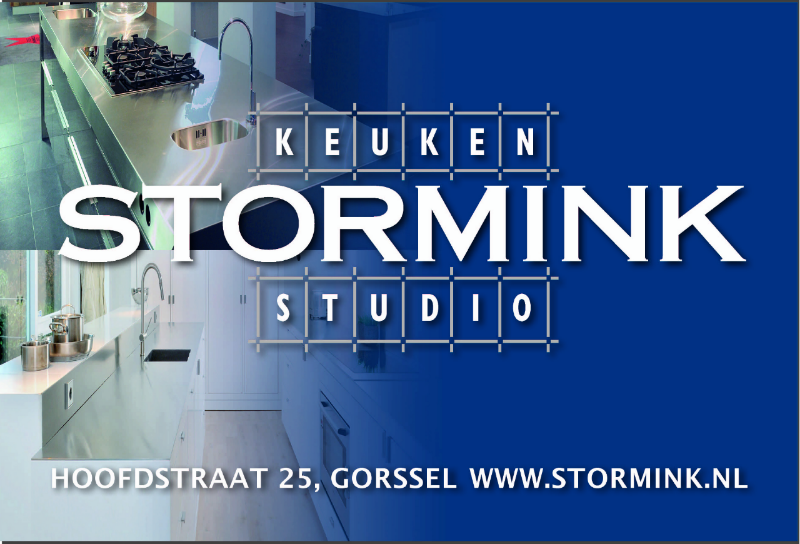 Logo voor Keuken Stormink Studio, een keukendesignbureau, met adres en website. Blauw en wit als kleuren.