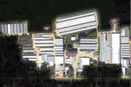 An aerial view of a large industrial area with lots of buildings