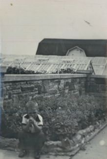 A black and white photo of a boy sitting in front of a greenhouse.