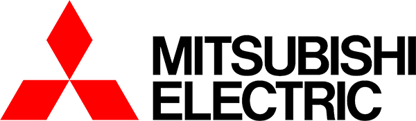 Logo de Mitsubishi Electric avec trois losanges rouges et texte noir.
