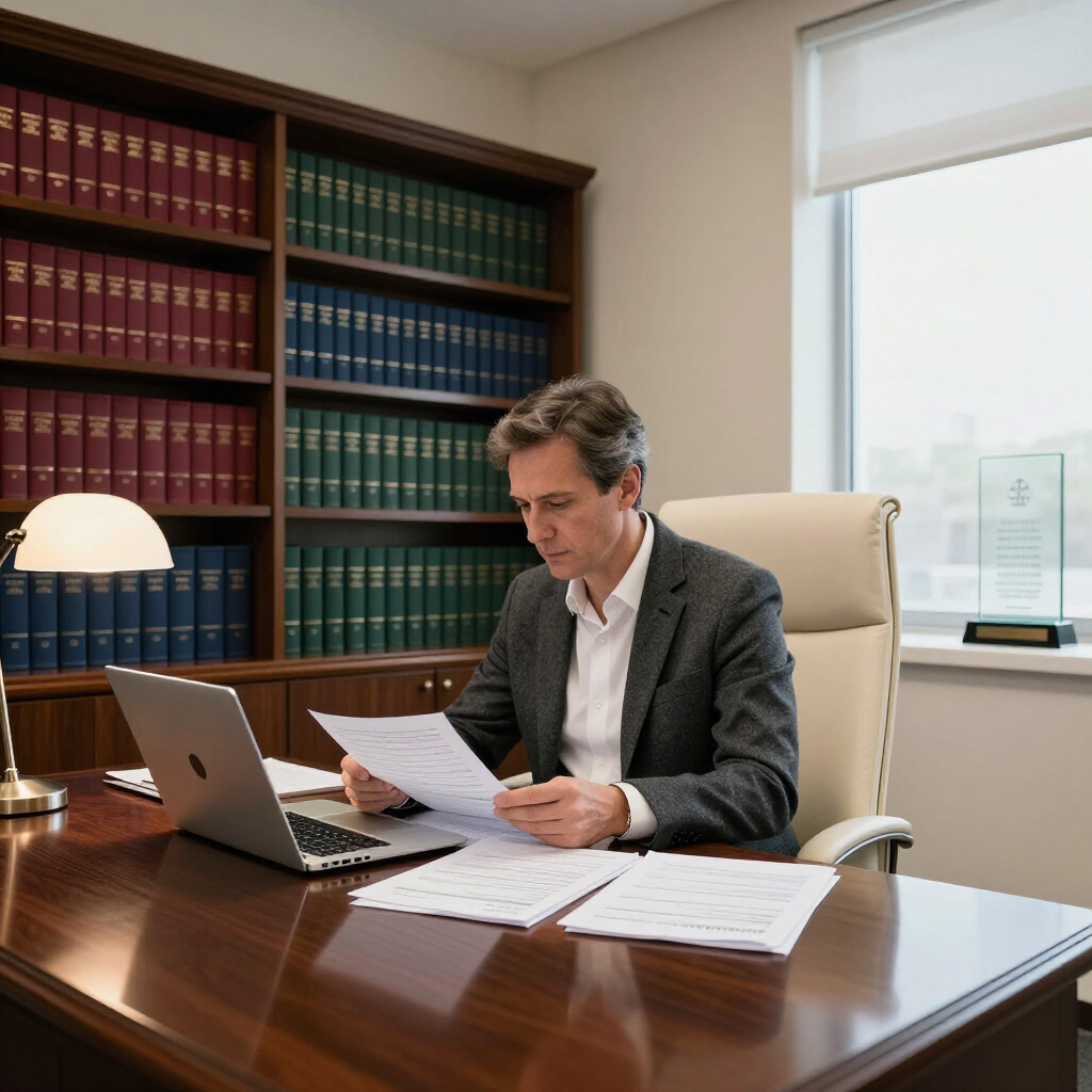 Attorney reviewing law firm trust accounting records in a wood panelled office