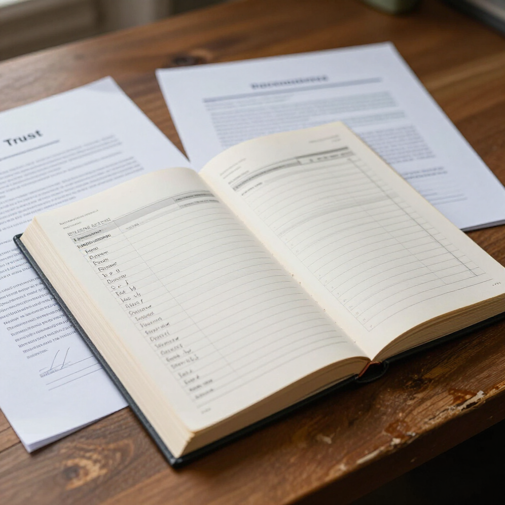 Open client trust ledger on a desk beside law firm documents