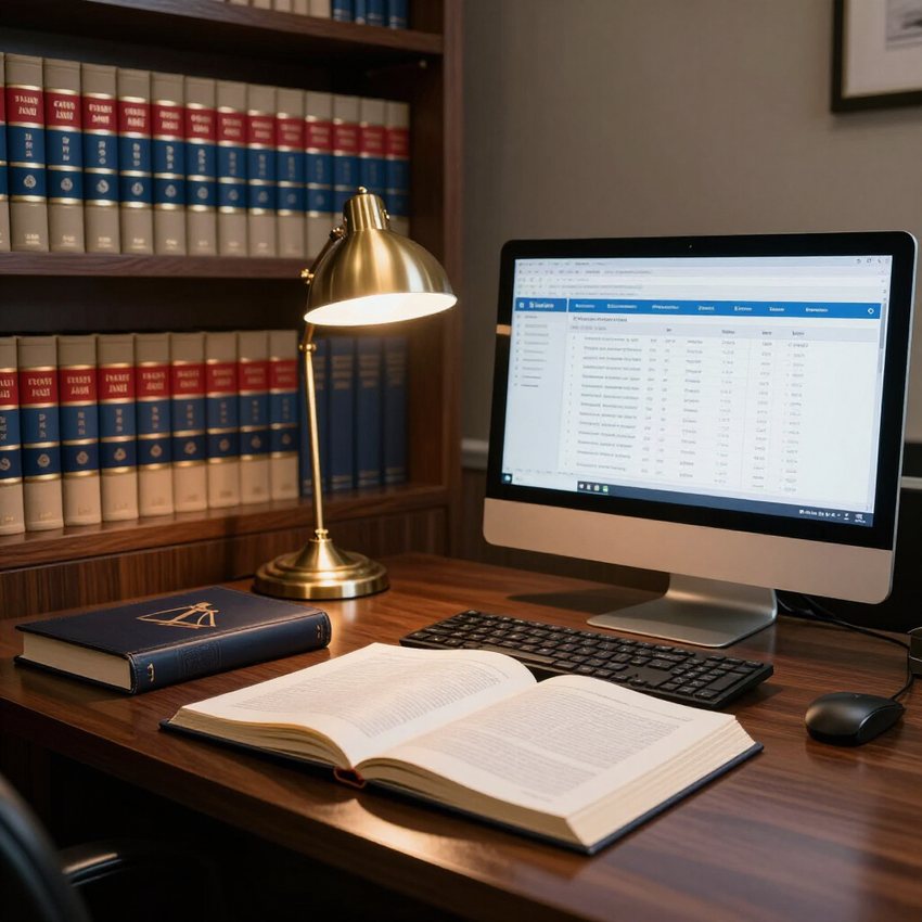 Law office desk with trust account records open on a monitor