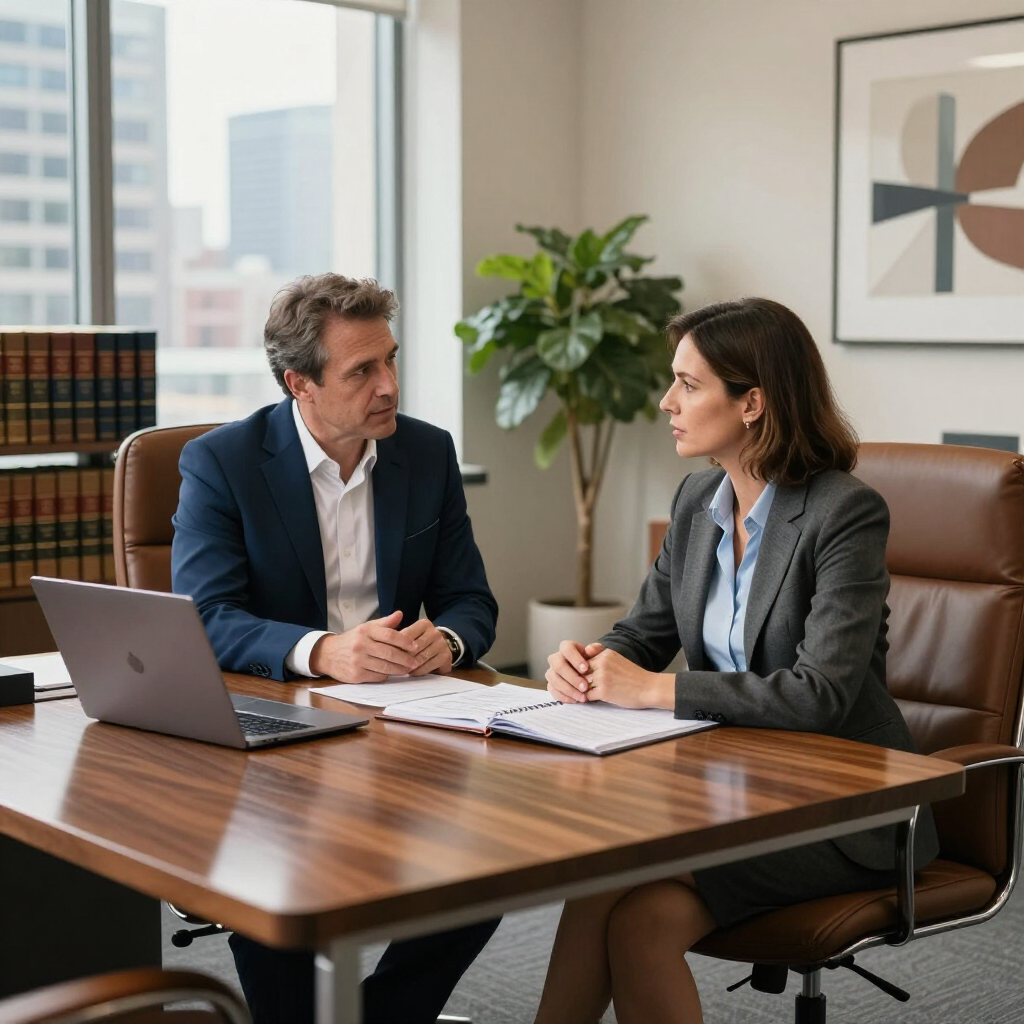 Attorney and bookkeeping consultant discussing law firm financials