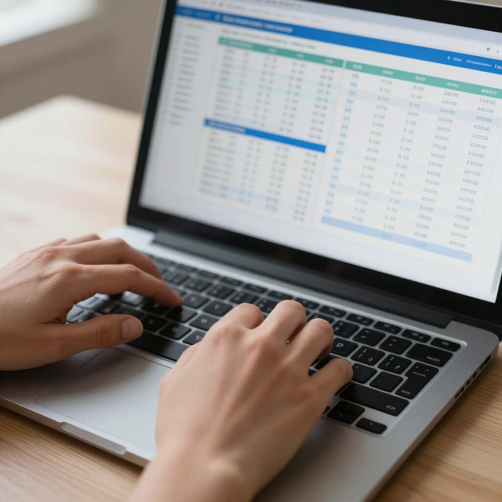 Bookkeeper working through a law firm trust account spreadsheet on a laptop