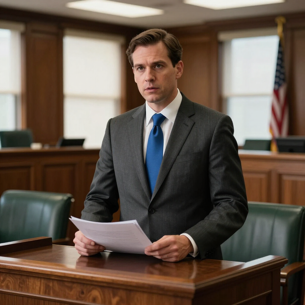 Attorney at a courtroom podium holding case papers