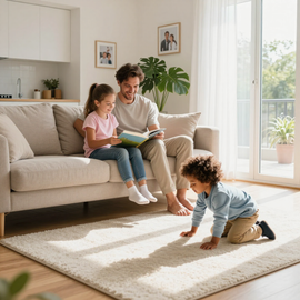 Family reading together in a sunlit living room while a child crawls on a rug.
