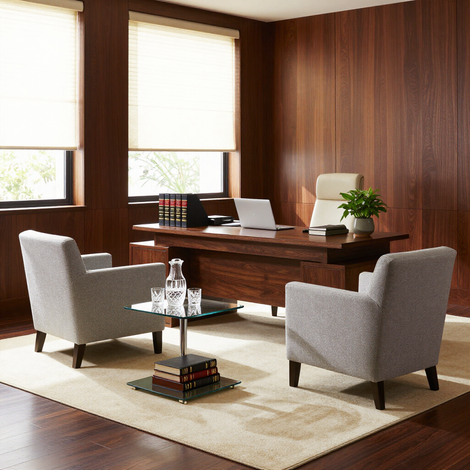 Modern wood panelled law office with a desk and two chairs