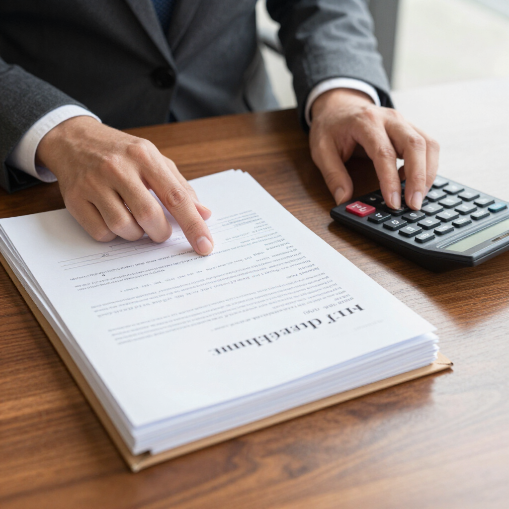Bookkeeper checking a law firm trust account statement with a calculator