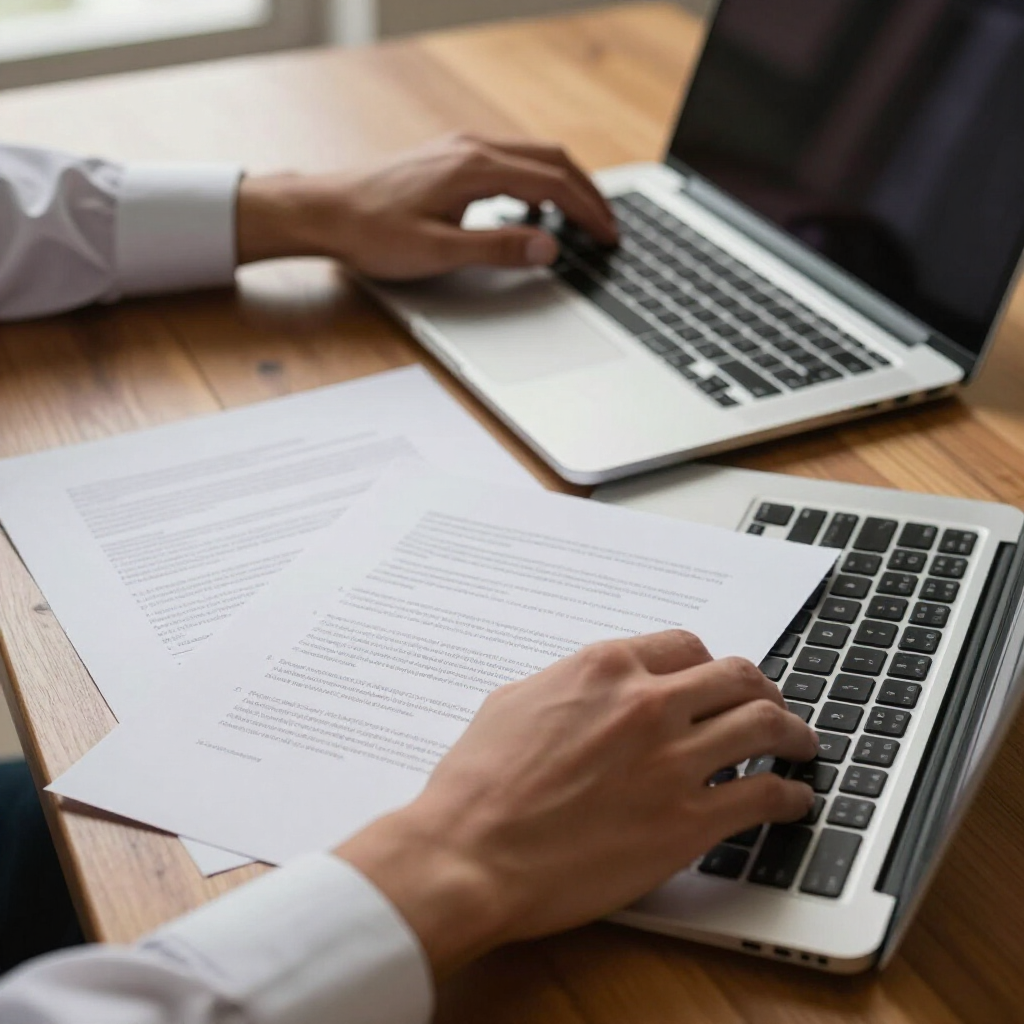 Attorney reviewing trust account records on a laptop beside printed statements