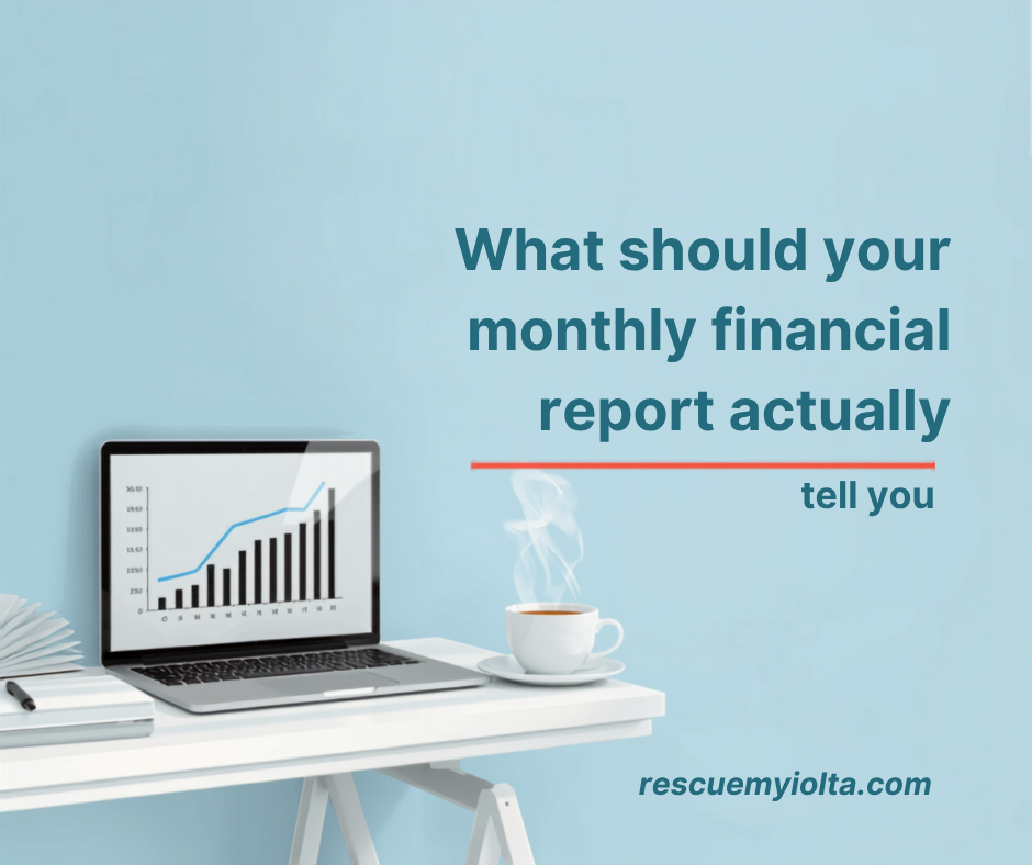 A simple one page monthly financial summary next to a laptop and coffee on a bright desk.