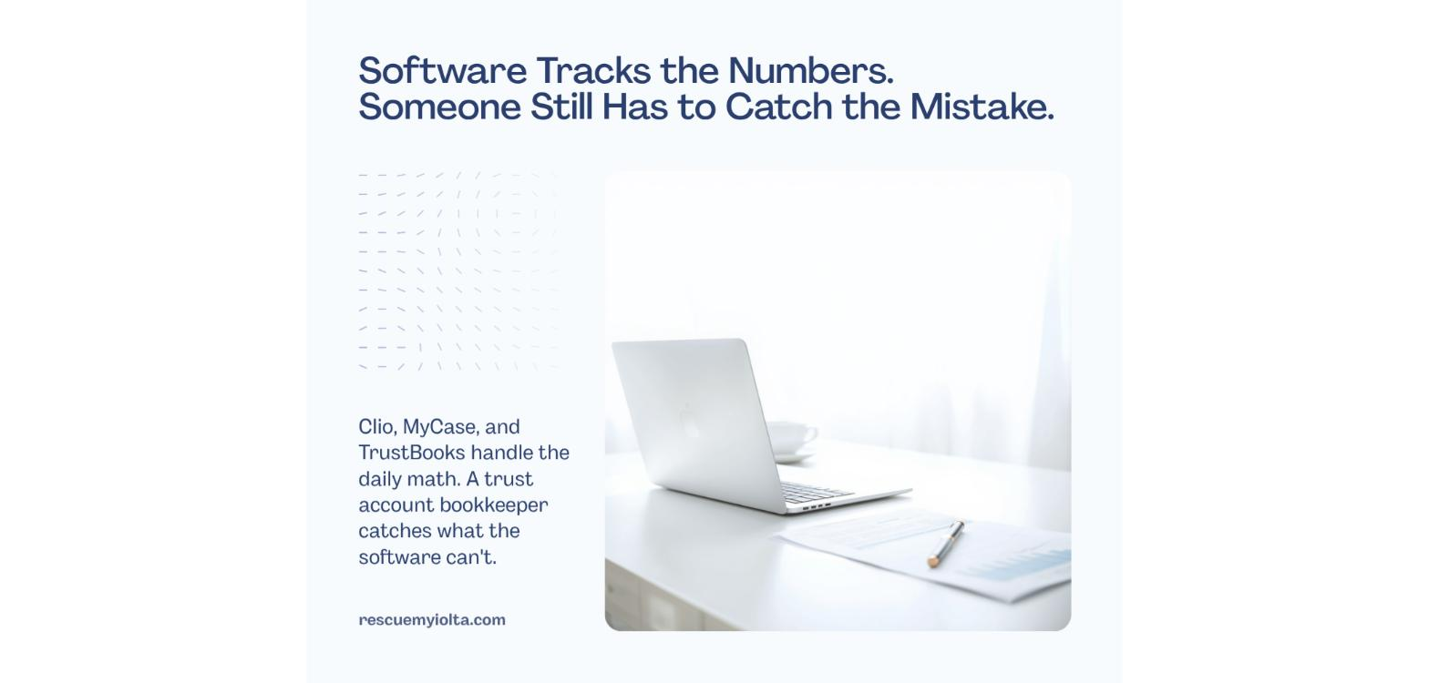 A laptop showing trust accounting software next to a printed reconciliation report on a bright desk.