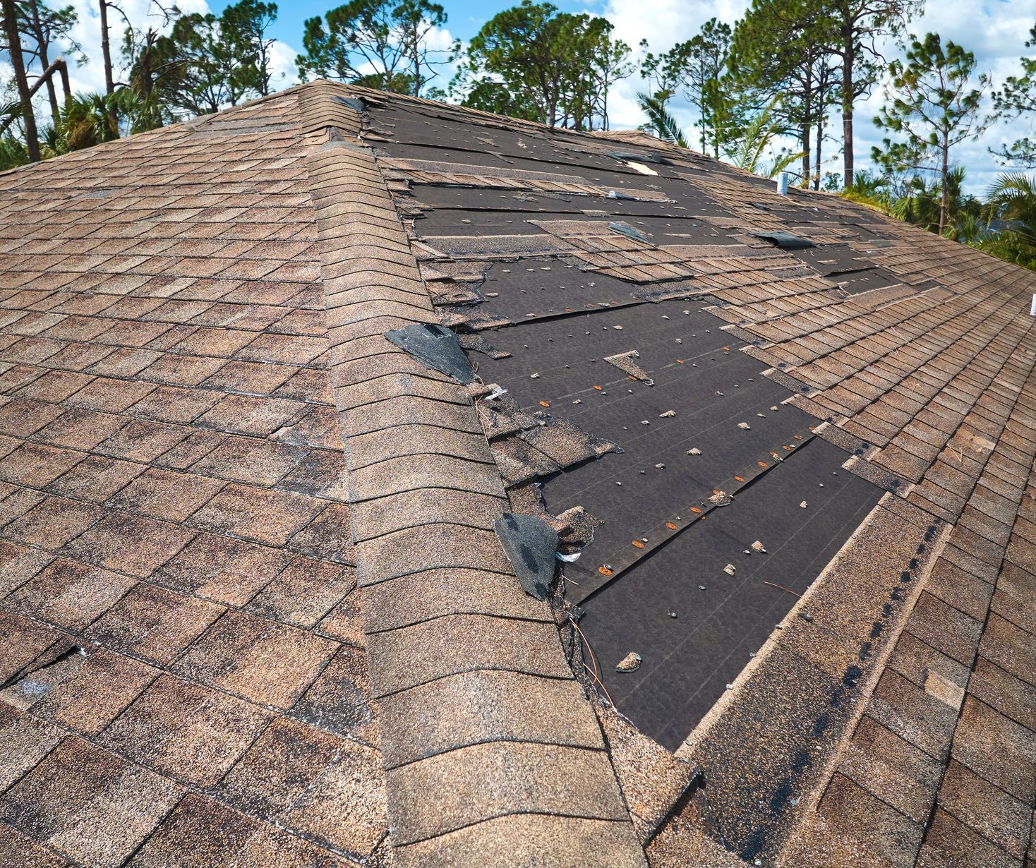 Damaged shingle roof with a large dark patch of missing or repaired roofing under trees