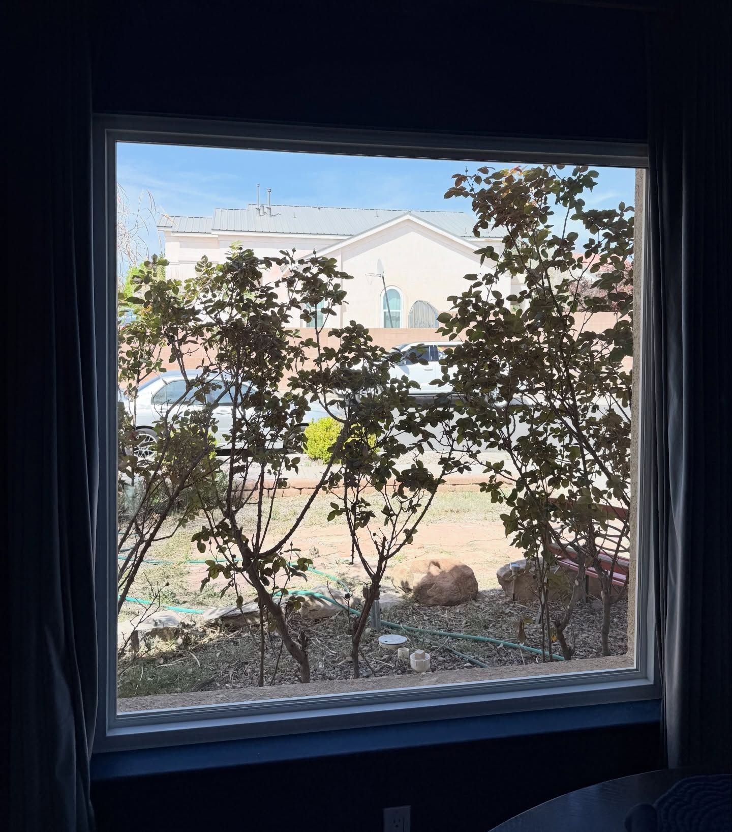 View through a window of a house and shrubs, with a neighboring home and bright sky outside