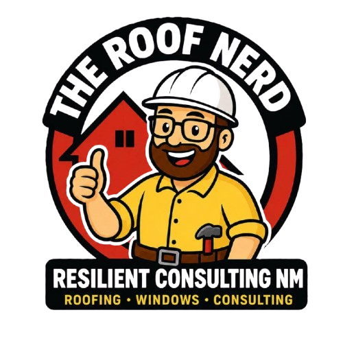 Logo of a smiling roofer in a hard hat giving a thumbs-up, with text for The Roof Nerd and Resilient Consulting NM