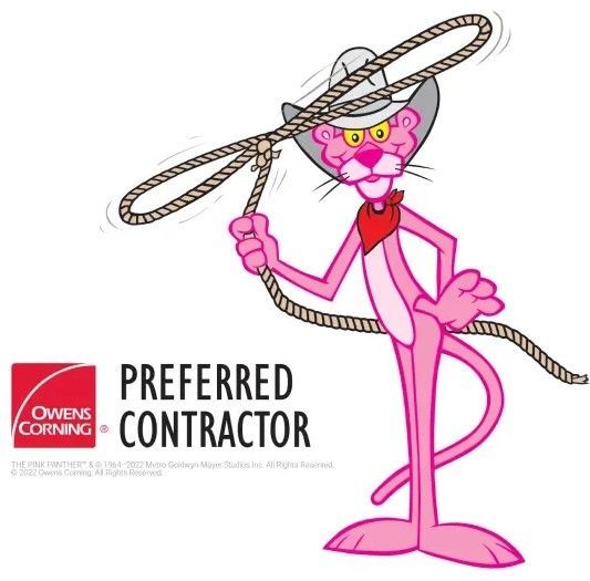 Pink panther mascot with a rope, beside an Owens Corning Preferred Contractor logo