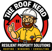Logo for The Roof Nerd: cartoon roofer in hard hat giving thumbs up with house and roof icon, Resilient Property Solutions