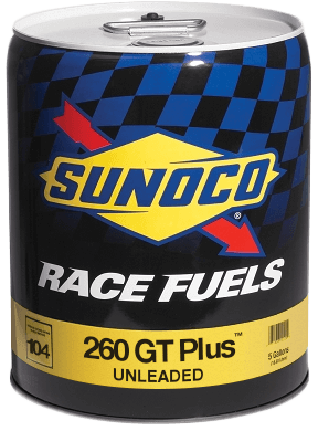 Sunoco race fuel can, black with blue checkered pattern, yellow logo, text 
