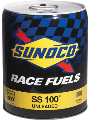 Sunoco race fuel can, black with yellow, blue checkerboard, 