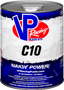 Blue and white VP Racing Fuels C10 can with red logo and text 