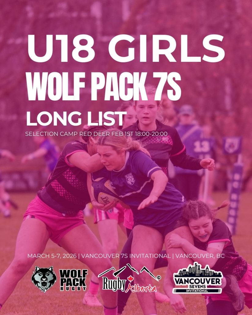 Rugby players in a scrum on a field, overlaid with text for the U18 Girls Wolf Pack 7s long list in a pink filter.
