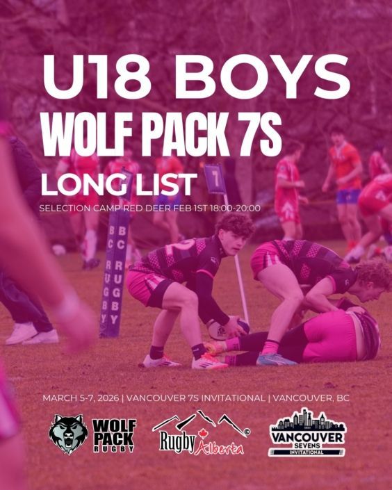 U18 Boys Wolf Pack 7s long list announcement for the March 5-7, 2026 Vancouver 7s Invitational, featuring rugby players.