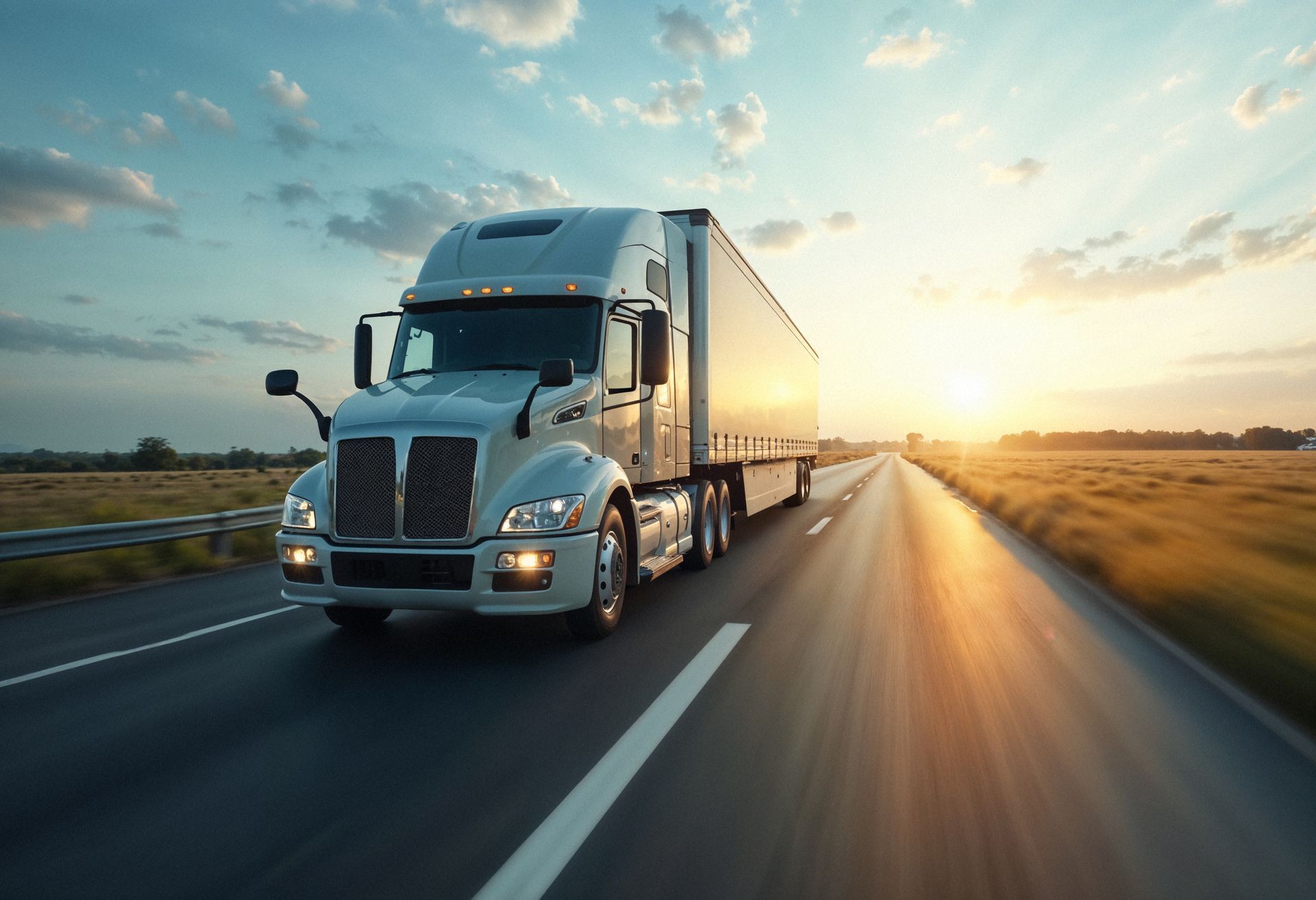 Semi-truck driving on a highway at sunset, with fields and a bright sky in the background.