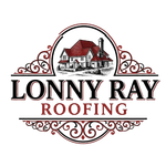 Logo for Lonny Ray Roofing featuring a red-roofed house illustration framed by decorative, vintage-style flourishes.