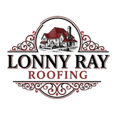 Logo for Lonny Ray Roofing featuring a red-roofed house illustration framed by decorative, vintage-style flourishes.