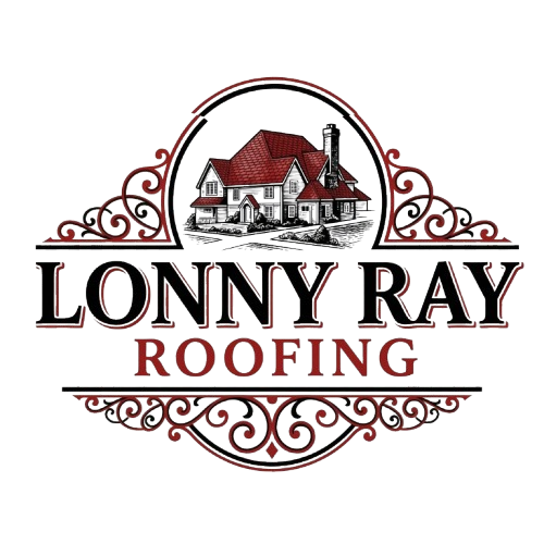 Logo for Lonny Ray Roofing featuring a red-roofed house illustration framed by decorative, vintage-style flourishes.