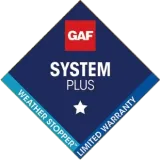 A sign that says gaf system plus weather stopper limited warranty