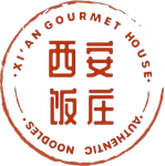 Round red logo with Chinese characters and English text reading “Xi'an Gourmet House Authentic Noodles”