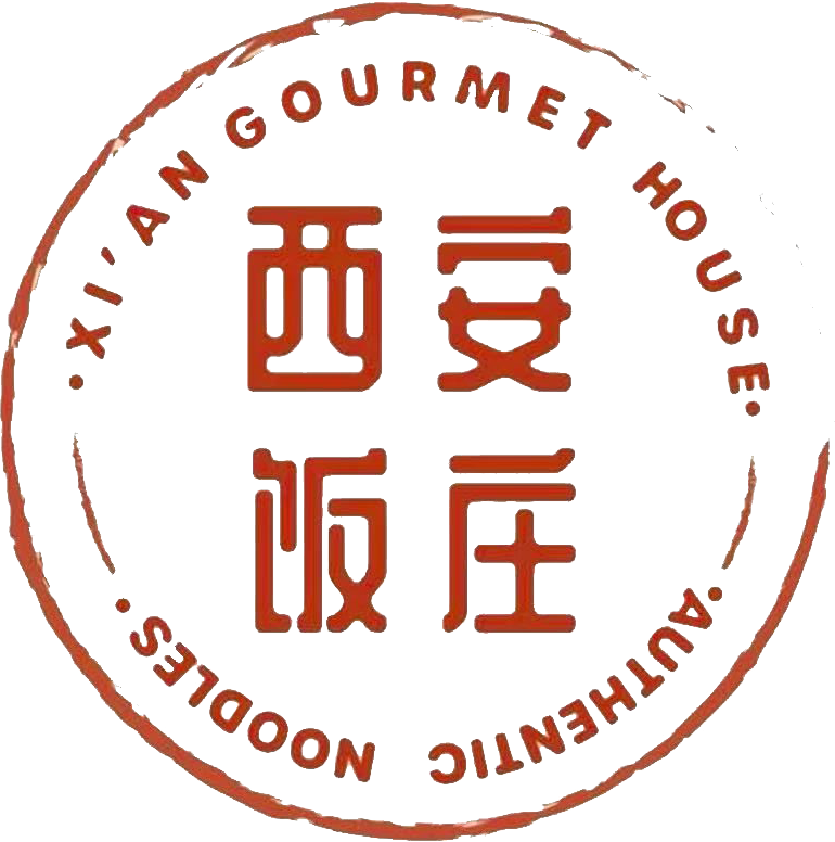 Round red logo with Chinese characters and English text reading “Xi'an Gourmet House Authentic Noodles”