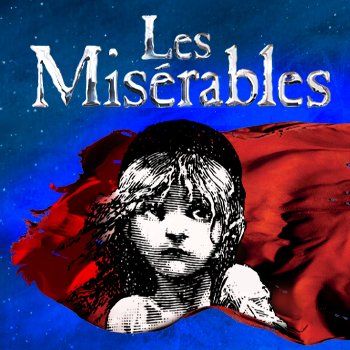 Les Misérables title art with a child’s face over a red flag on a blue background